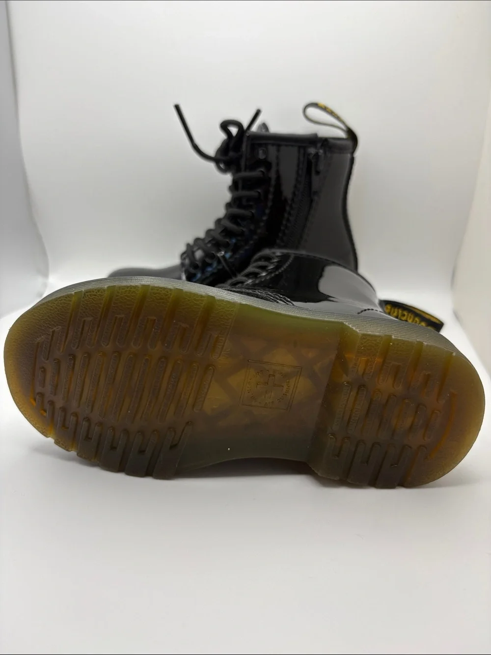 Dr. Martens Kids Glossy Black Patent Lace-Up Boots with Yellow Stitching